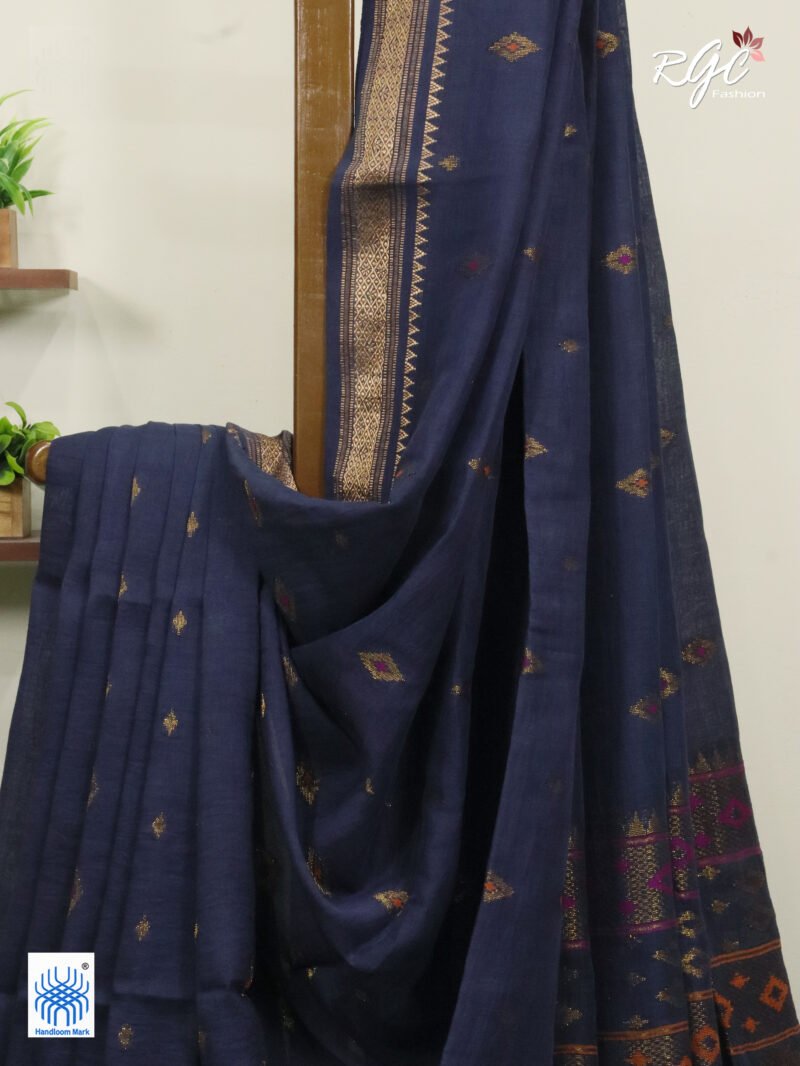 Deep Gray Organic Linen Benarasi Saree - Image 2
