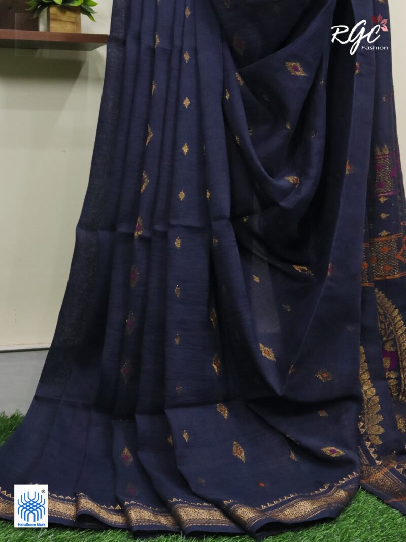 Deep Gray Organic Linen Benarasi Saree - Image 3