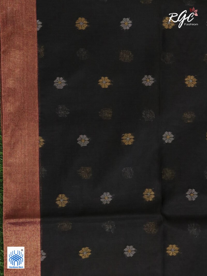 Orangish Black Cotton Silk Zari Jamdani Saree - Image 9