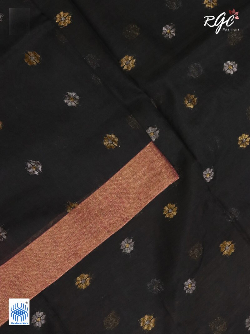 Orangish Black Cotton Silk Zari Jamdani Saree - Image 8