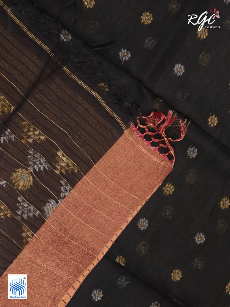 Orangish Black Cotton Silk Zari Jamdani Saree - Image 7