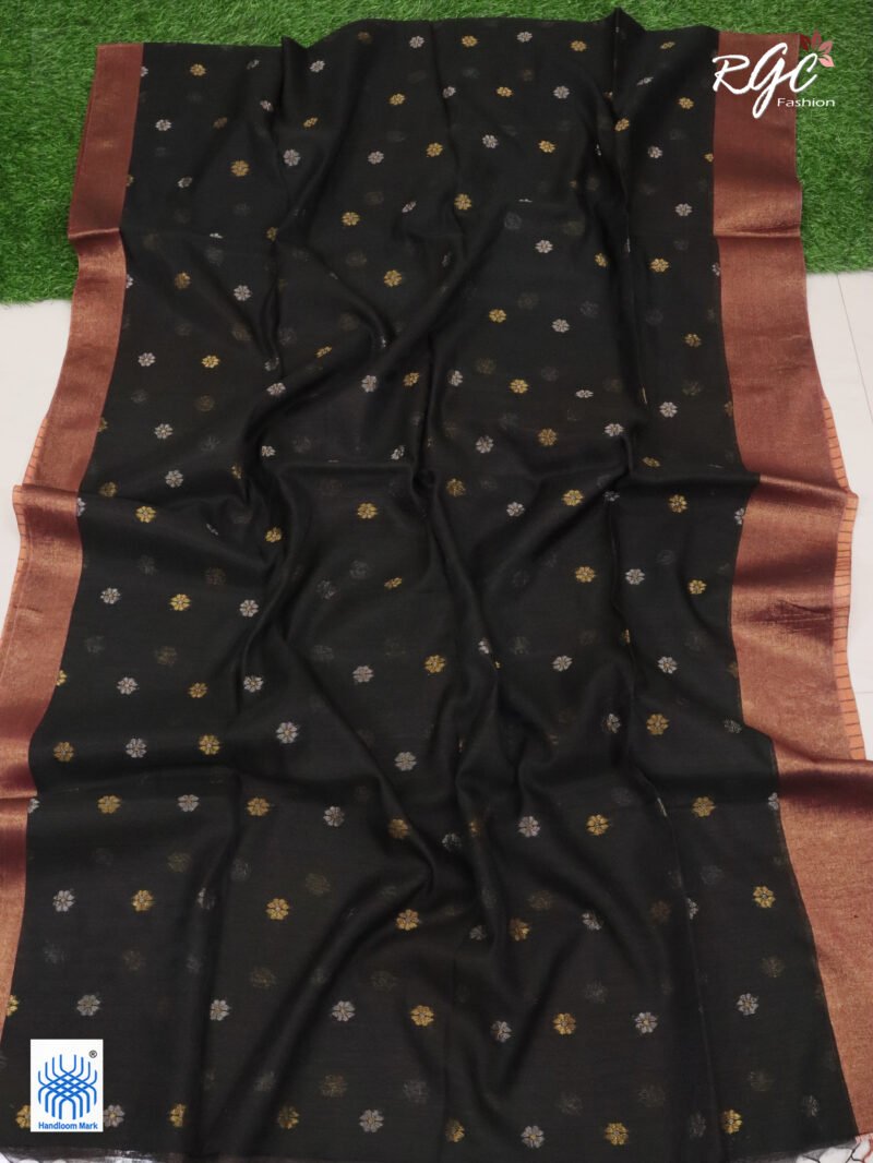 Orangish Black Cotton Silk Zari Jamdani Saree - Image 6