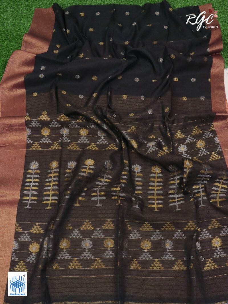 Orangish Black Cotton Silk Zari Jamdani Saree - Image 5