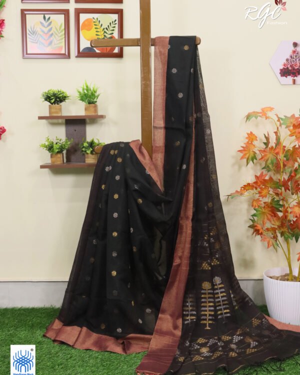 Orangish Black Cotton Silk Zari Jamdani Saree