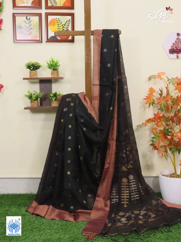 Orangish Black Cotton Silk Zari Jamdani Saree
