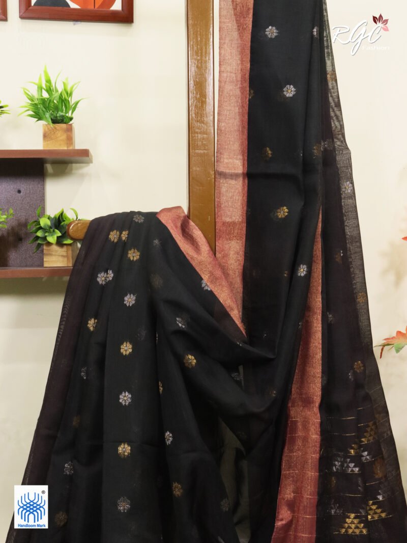 Orangish Black Cotton Silk Zari Jamdani Saree - Image 3