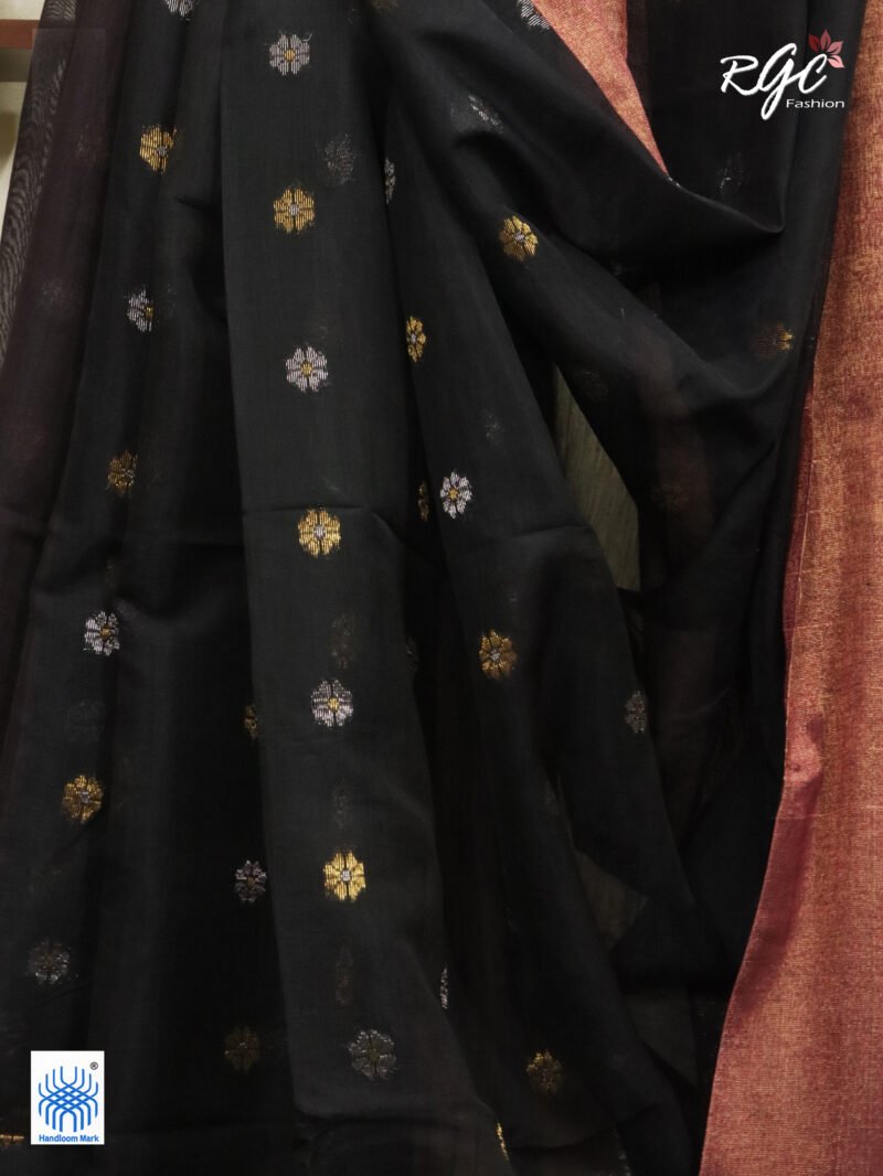 Orangish Black Cotton Silk Zari Jamdani Saree - Image 2