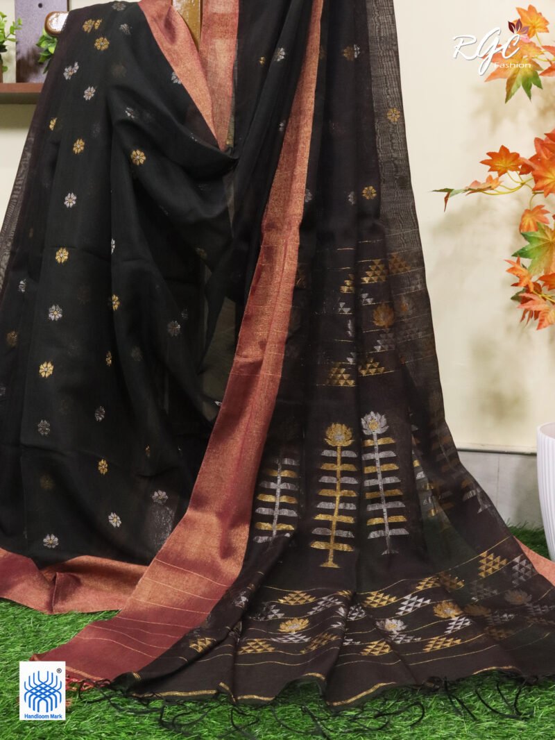 Orangish Black Cotton Silk Zari Jamdani Saree - Image 10