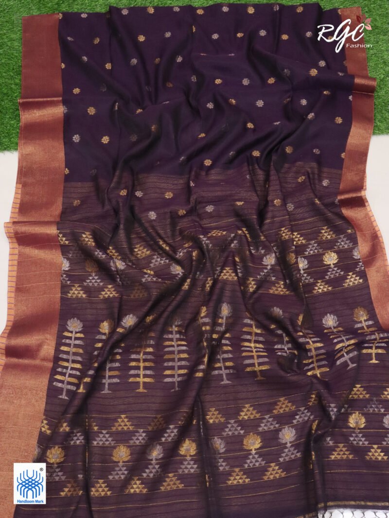 Purple Cotton Silk Zari Jamdani Saree - Image 6