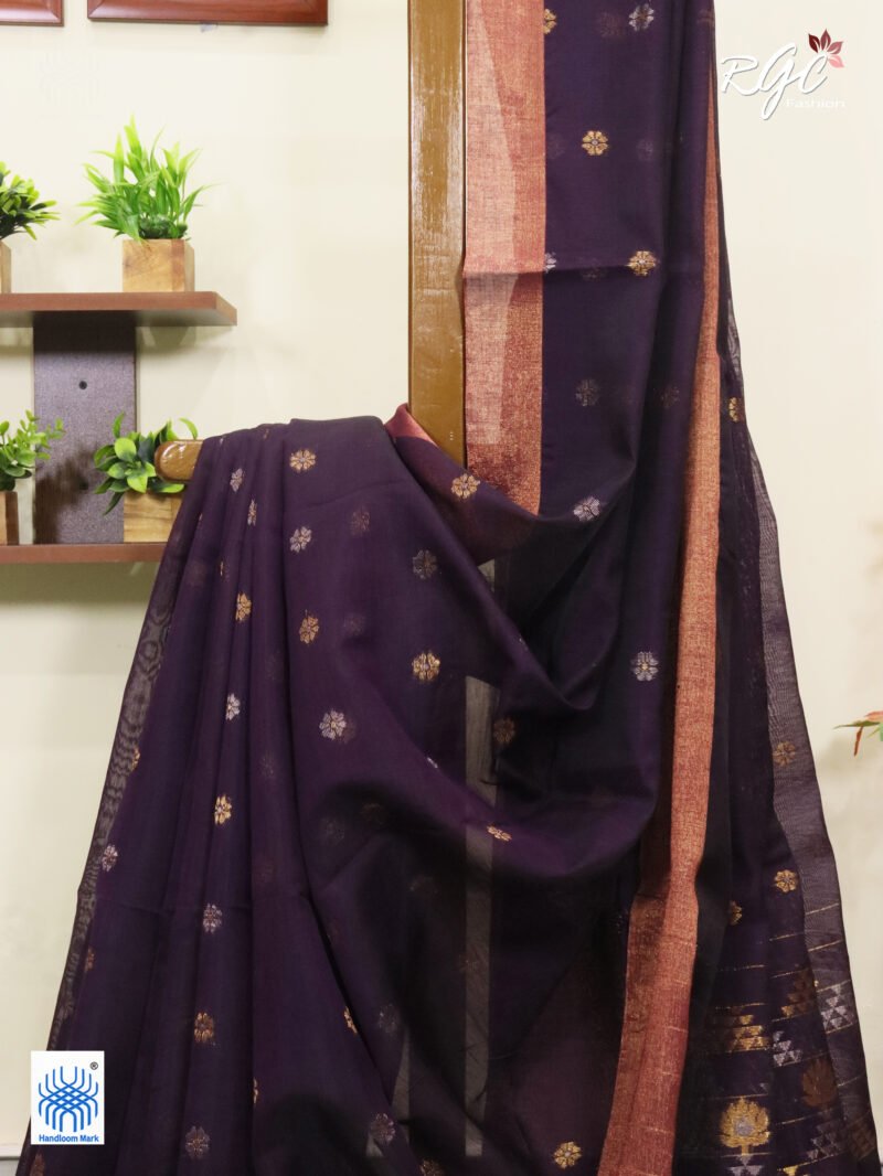 Purple Cotton Silk Zari Jamdani Saree - Image 4