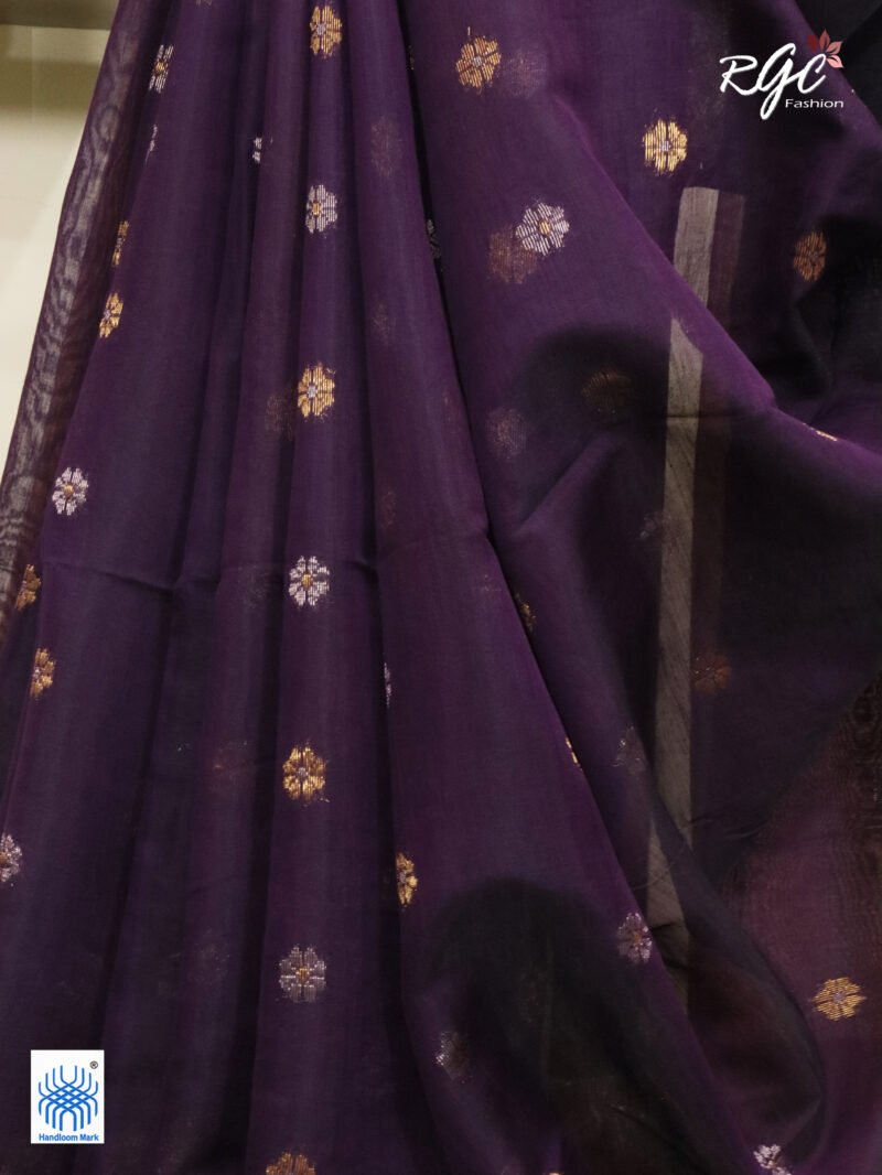 Purple Cotton Silk Zari Jamdani Saree - Image 3