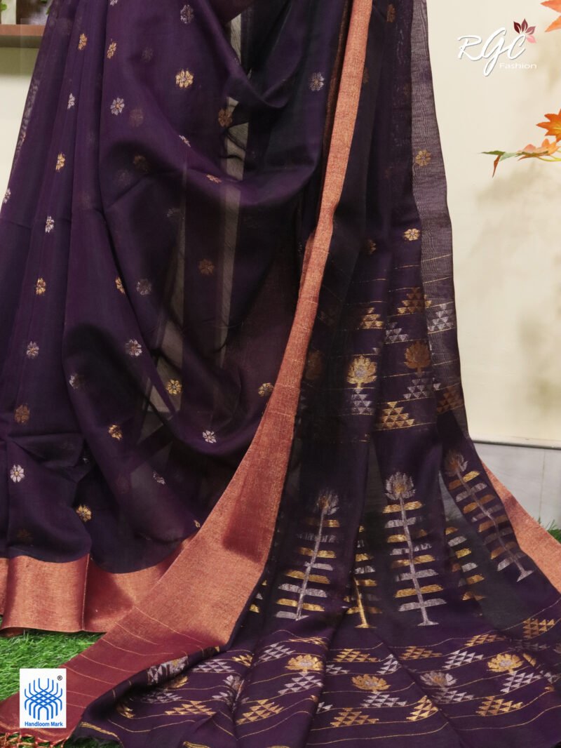 Purple Cotton Silk Zari Jamdani Saree - Image 2