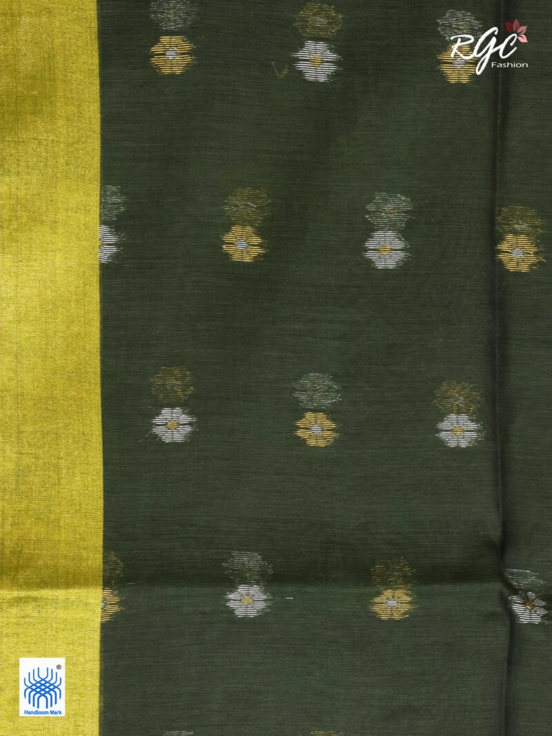 Dark Pista Green Cotton Silk Zari Jamdani Saree - Image 8
