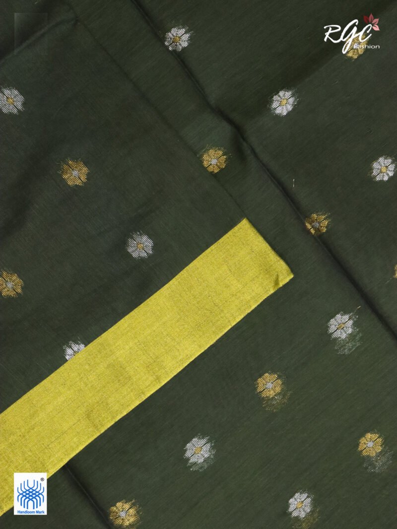 Dark Pista Green Cotton Silk Zari Jamdani Saree - Image 7