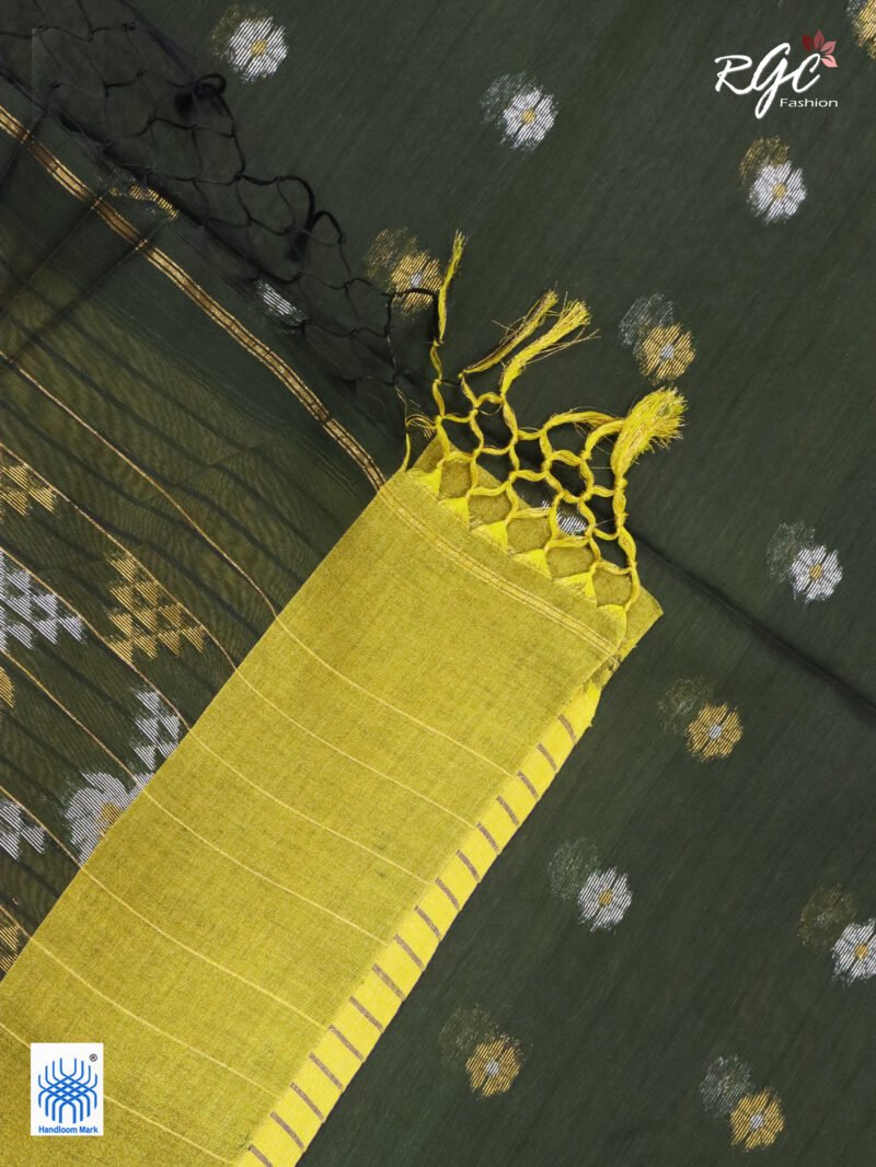 Dark Pista Green Cotton Silk Zari Jamdani Saree - Image 6