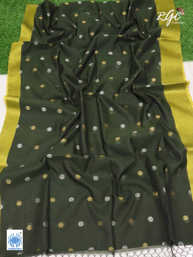 Dark Pista Green Cotton Silk Zari Jamdani Saree - Image 5