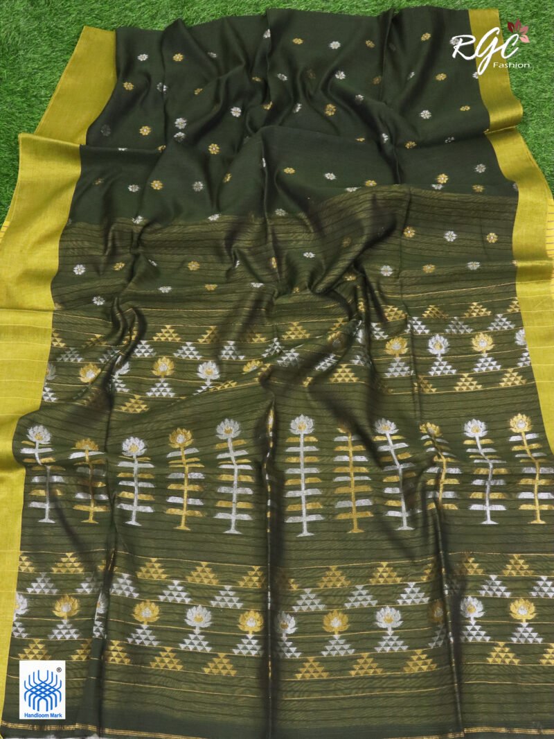Dark Pista Green Cotton Silk Zari Jamdani Saree - Image 4