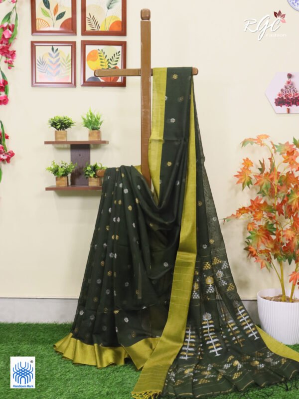Dark Pista Green Cotton Silk Zari Jamdani Saree