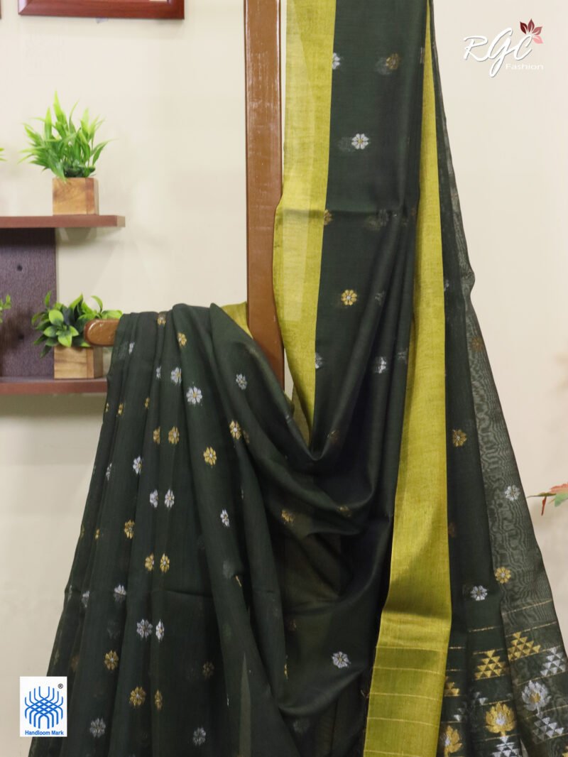 Dark Pista Green Cotton Silk Zari Jamdani Saree - Image 2