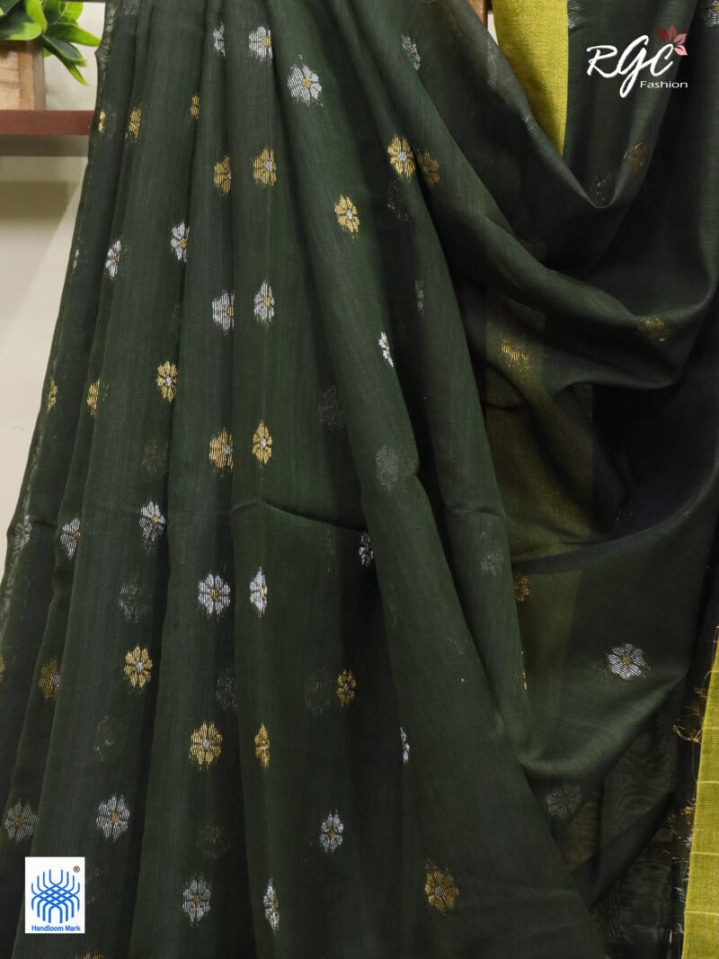 Dark Pista Green Cotton Silk Zari Jamdani Saree - Image 10