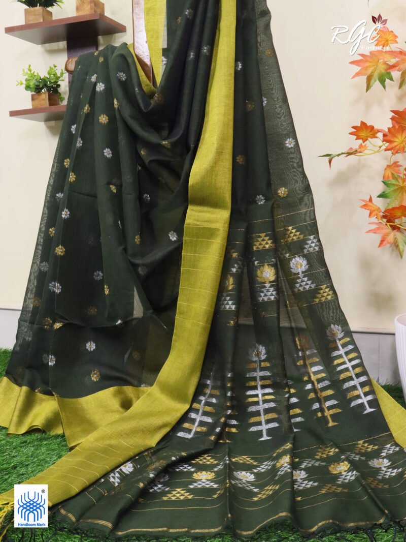 Dark Pista Green Cotton Silk Zari Jamdani Saree - Image 9
