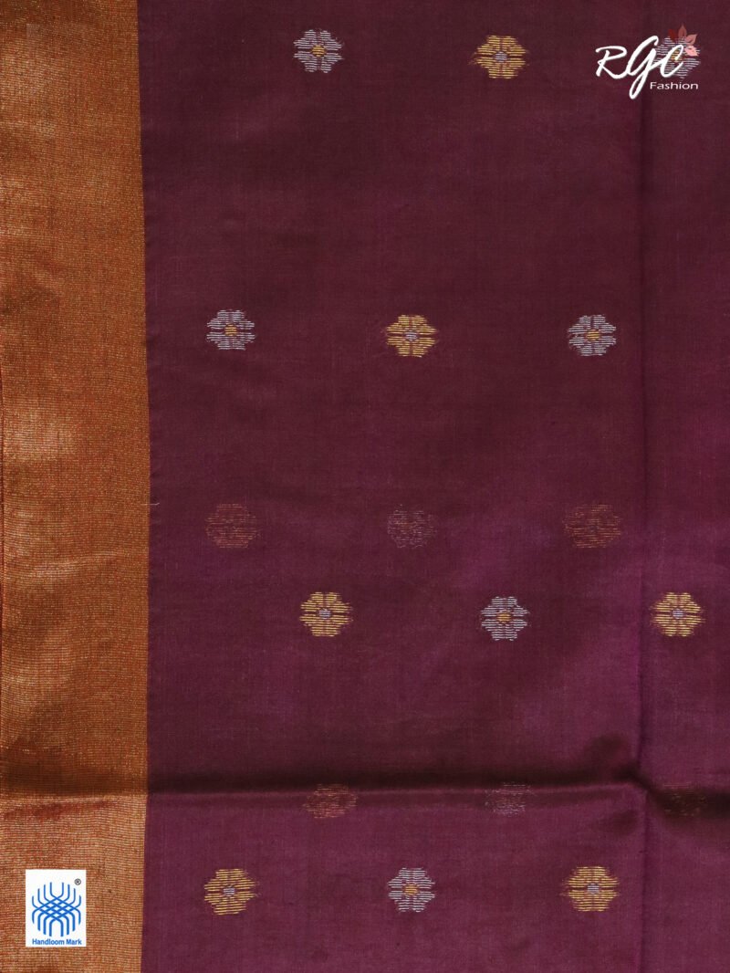 Redish Purple Cotton Silk Zari Jamdani Saree - Image 7