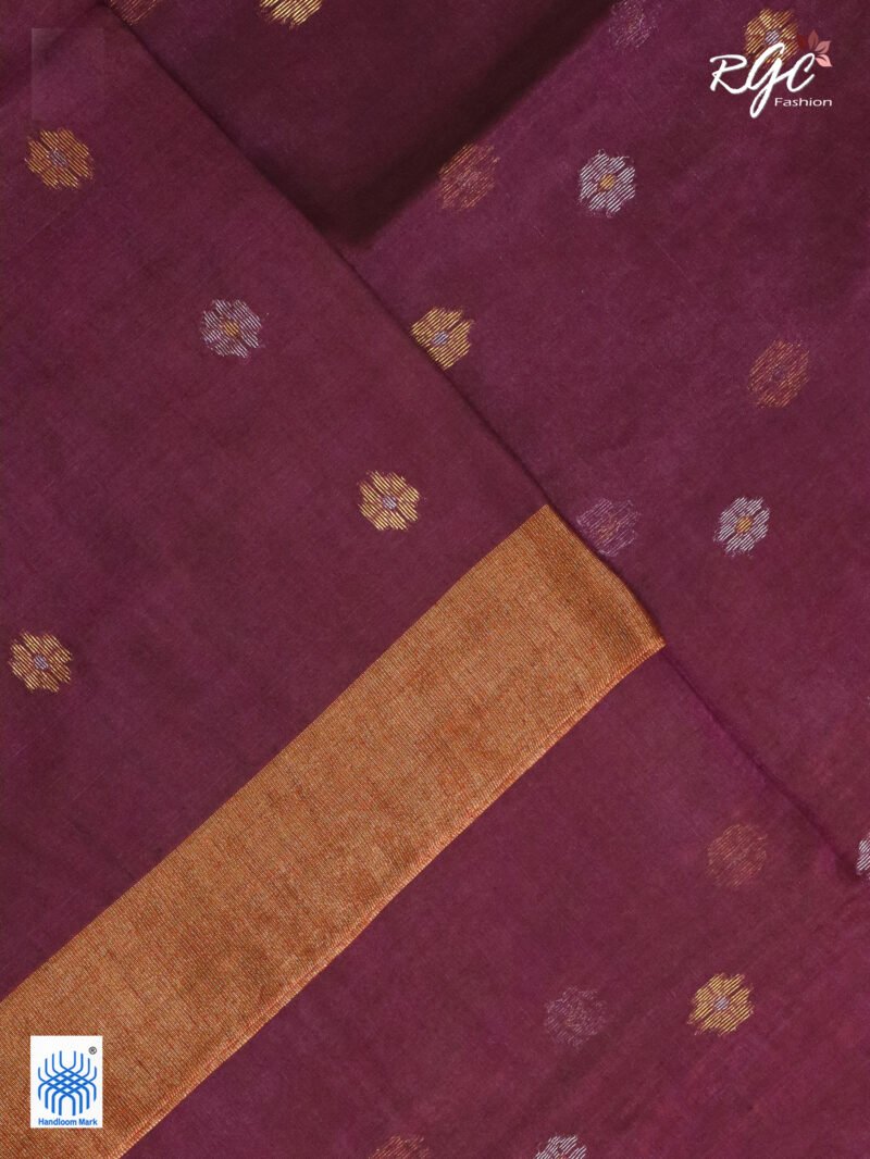 Redish Purple Cotton Silk Zari Jamdani Saree - Image 8