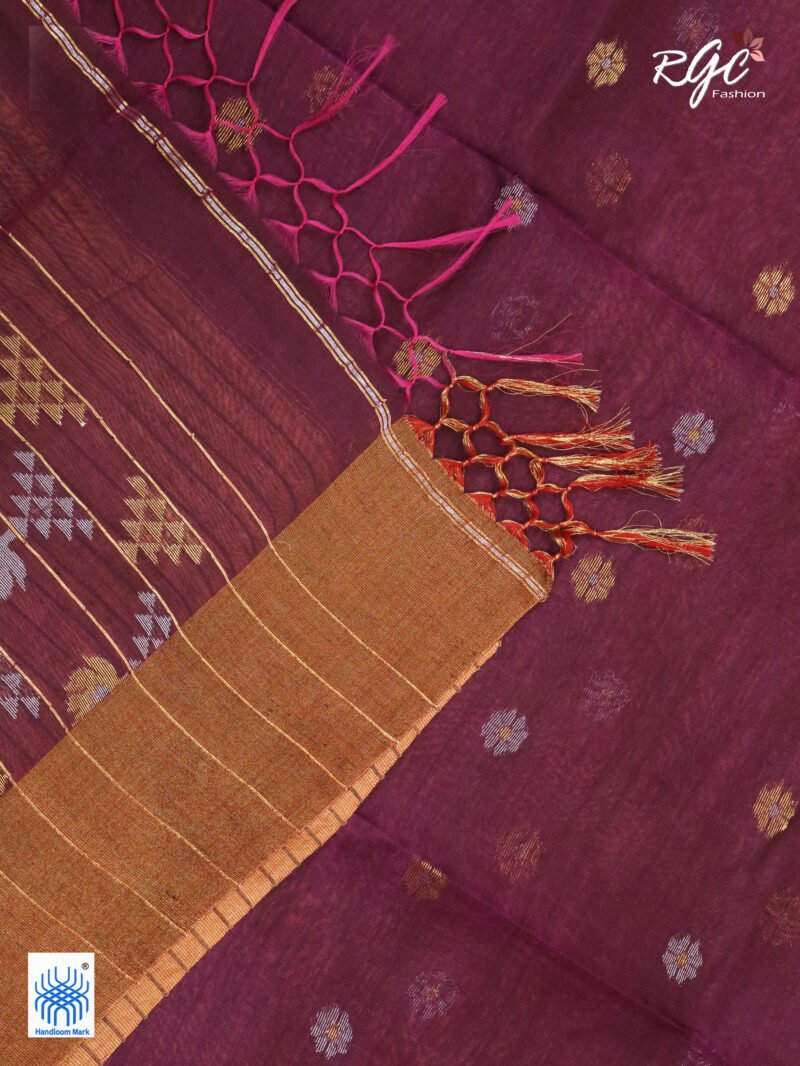 Redish Purple Cotton Silk Zari Jamdani Saree - Image 9