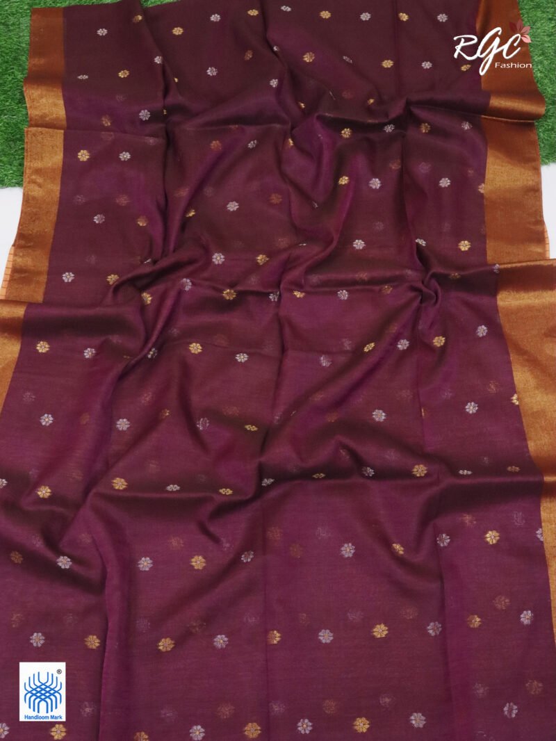 Redish Purple Cotton Silk Zari Jamdani Saree - Image 3