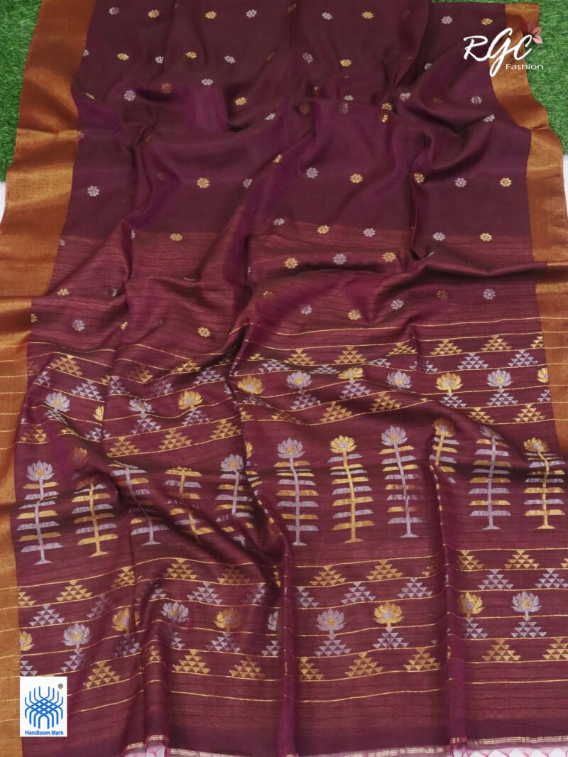 Redish Purple Cotton Silk Zari Jamdani Saree - Image 4