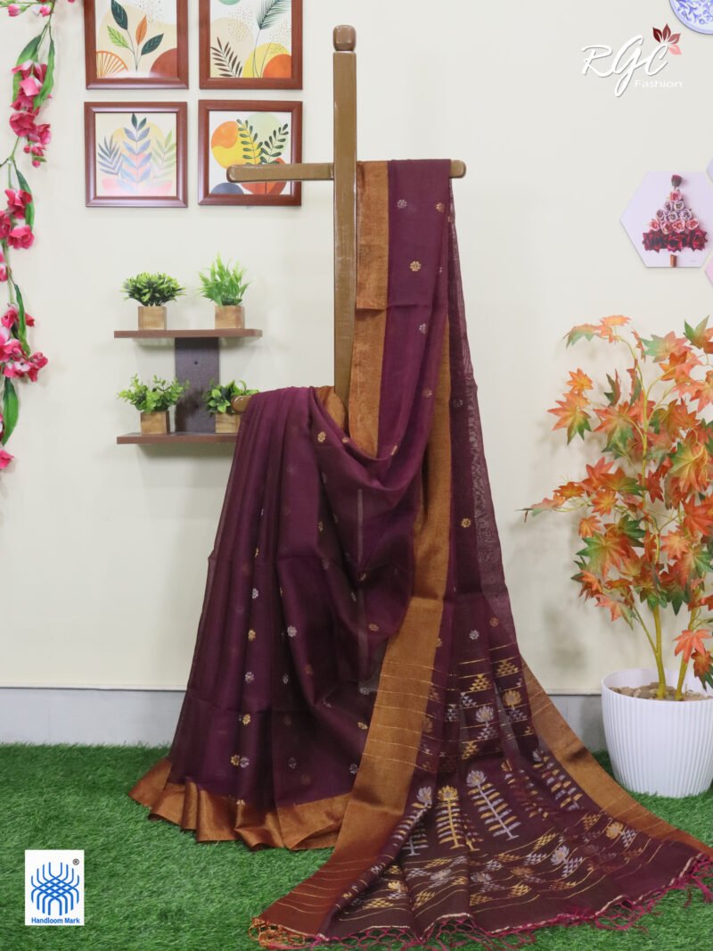 Redish Purple Cotton Silk Zari Jamdani Saree