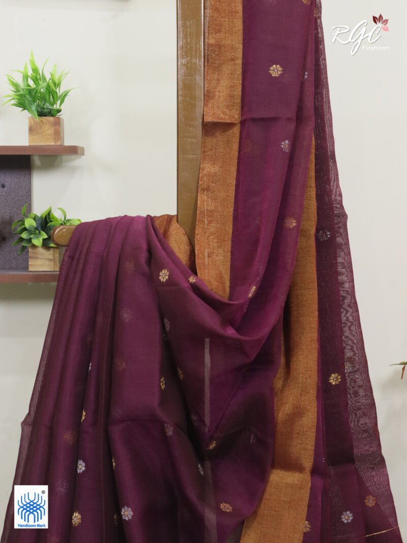 Redish Purple Cotton Silk Zari Jamdani Saree - Image 6