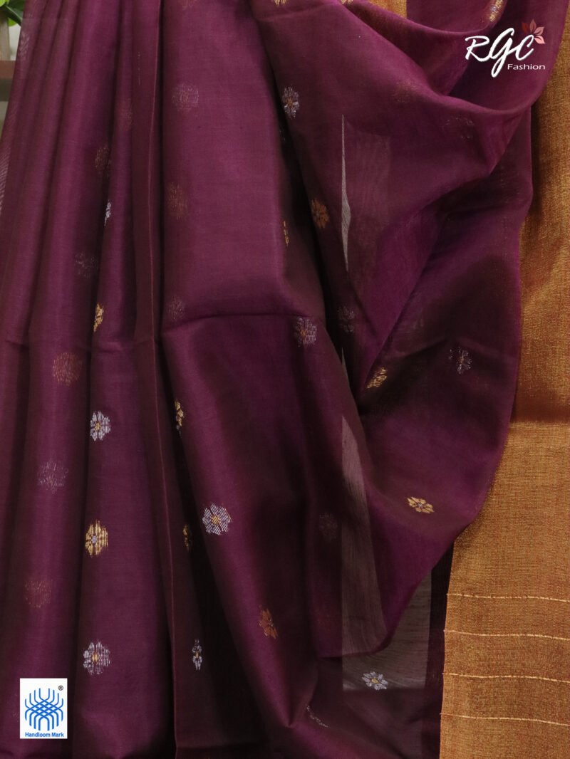 Redish Purple Cotton Silk Zari Jamdani Saree - Image 10