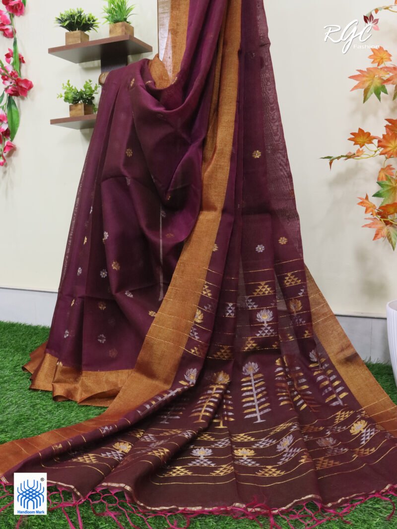 Redish Purple Cotton Silk Zari Jamdani Saree - Image 2