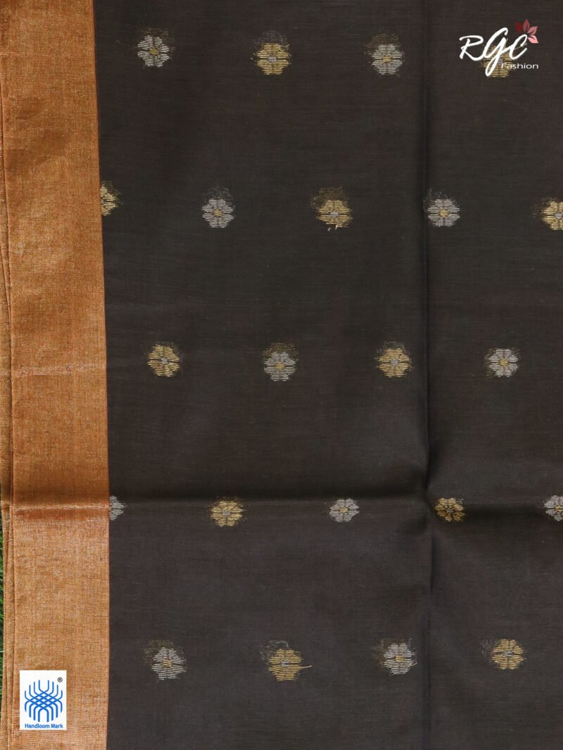 Blackish Brown Cotton Silk Zari Jamdani Saree - Image 5
