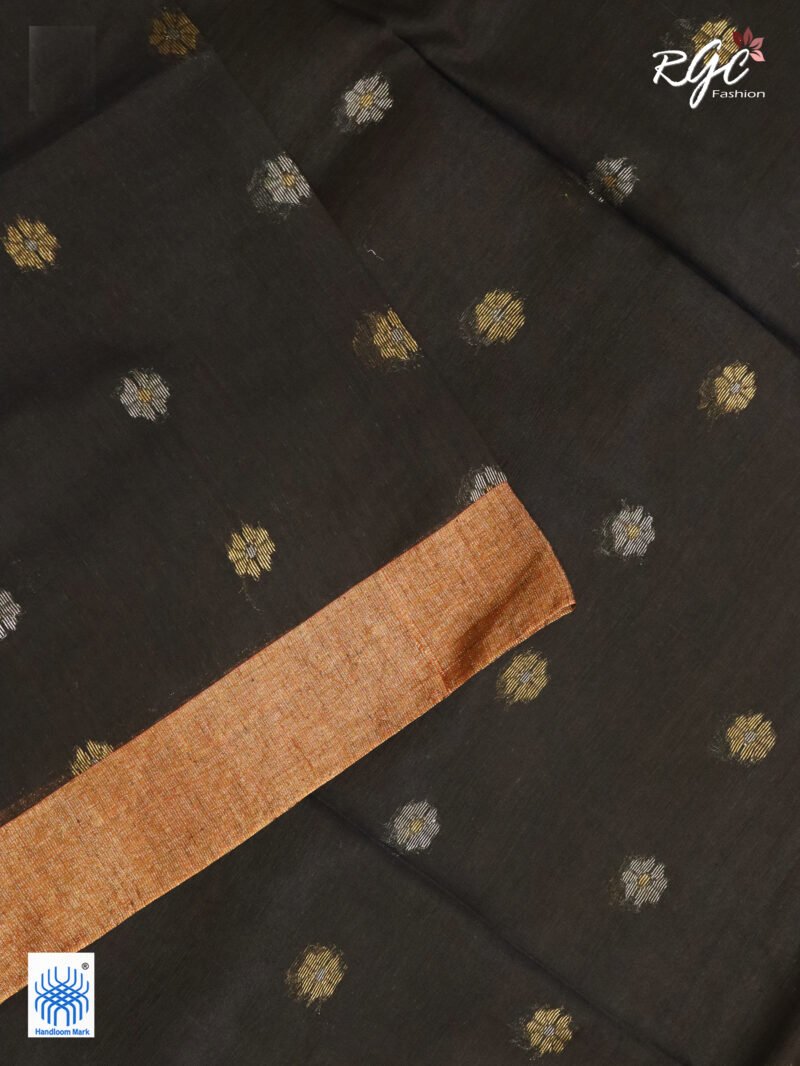 Blackish Brown Cotton Silk Zari Jamdani Saree - Image 6