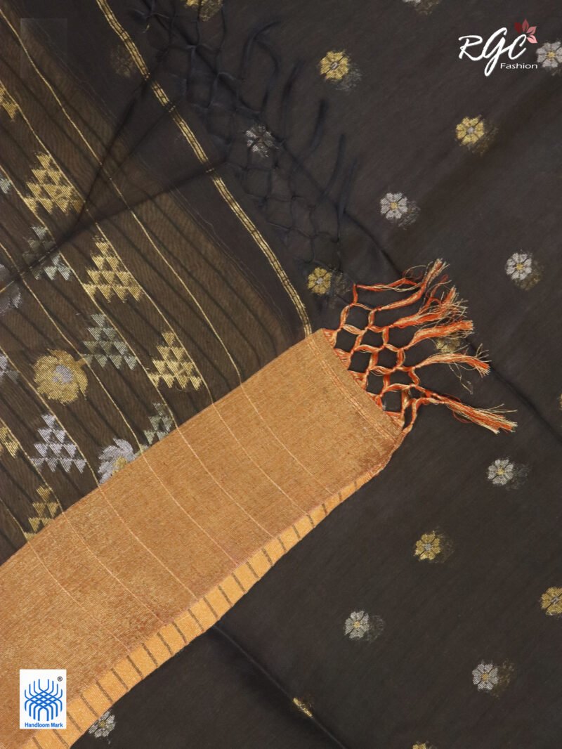 Blackish Brown Cotton Silk Zari Jamdani Saree - Image 7