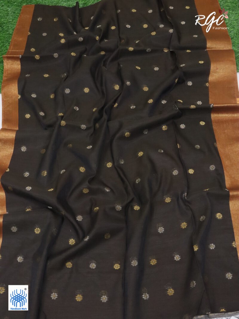 Blackish Brown Cotton Silk Zari Jamdani Saree - Image 8