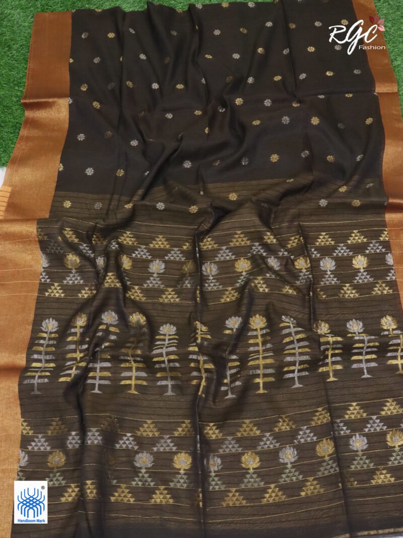 Blackish Brown Cotton Silk Zari Jamdani Saree - Image 10