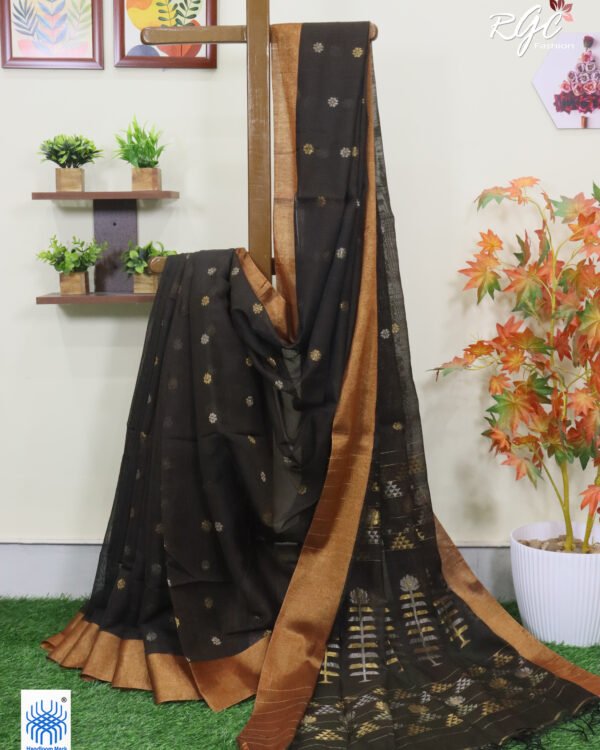 Blackish Brown Cotton Silk Zari Jamdani Saree