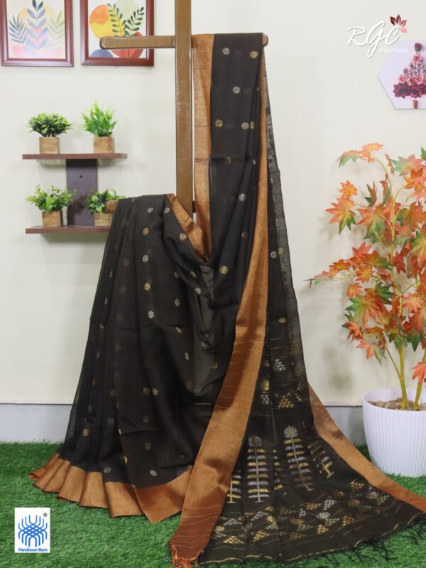 Blackish Brown Cotton Silk Zari Jamdani Saree