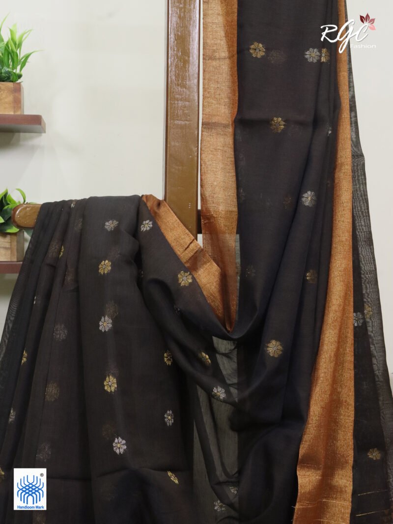 Blackish Brown Cotton Silk Zari Jamdani Saree - Image 4