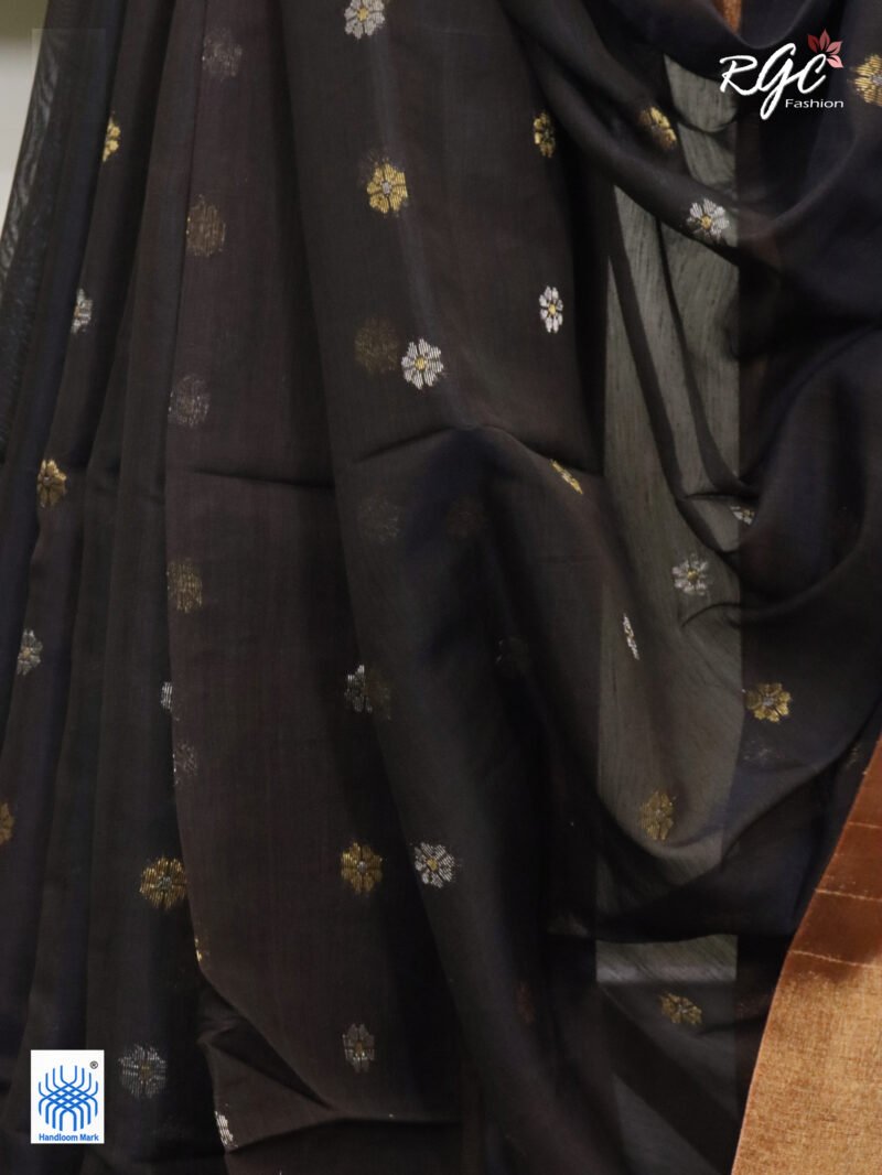 Blackish Brown Cotton Silk Zari Jamdani Saree - Image 3