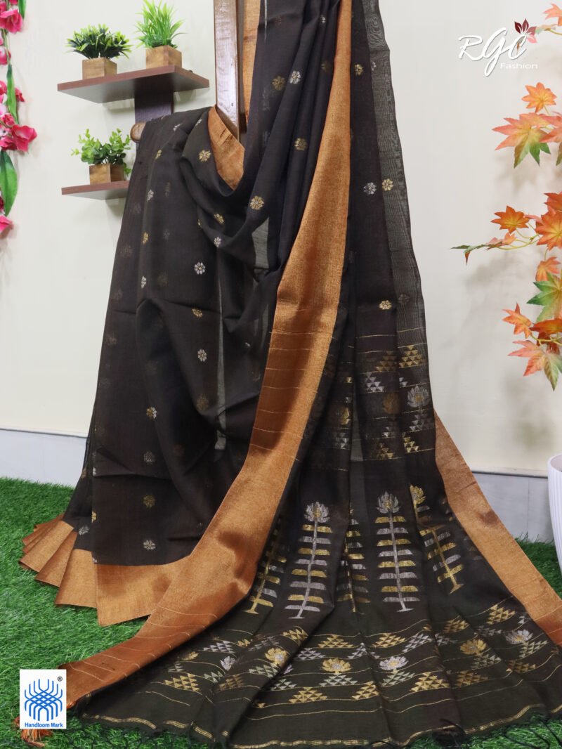 Blackish Brown Cotton Silk Zari Jamdani Saree - Image 2