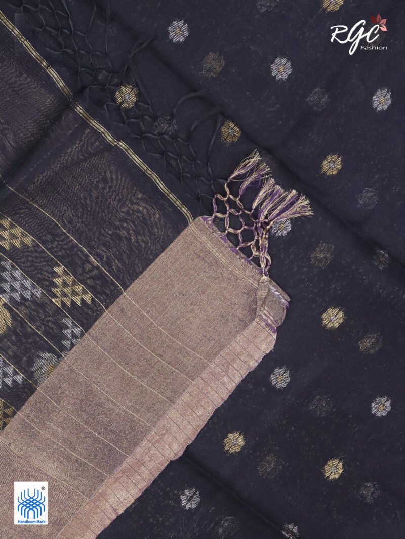 Purple Black Cotton Silk Zari Jamdani Saree - Image 7