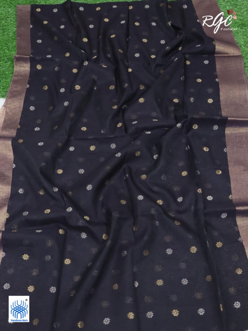 Purple Black Cotton Silk Zari Jamdani Saree - Image 6