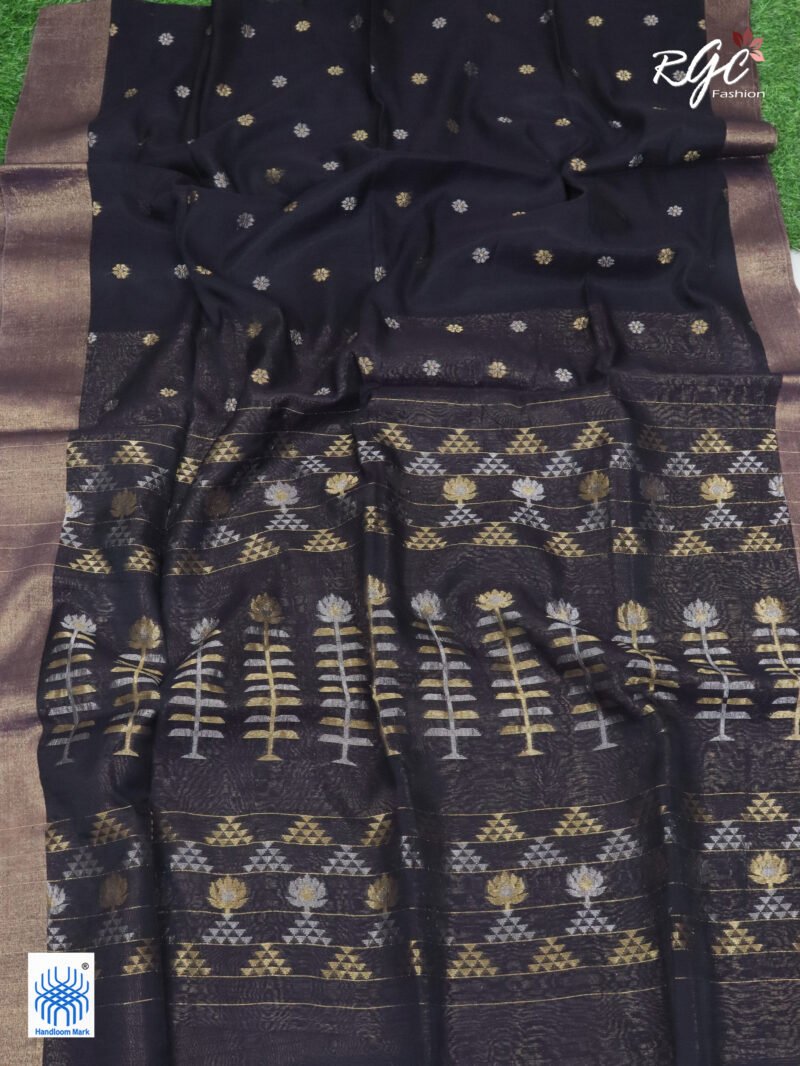 Purple Black Cotton Silk Zari Jamdani Saree - Image 4