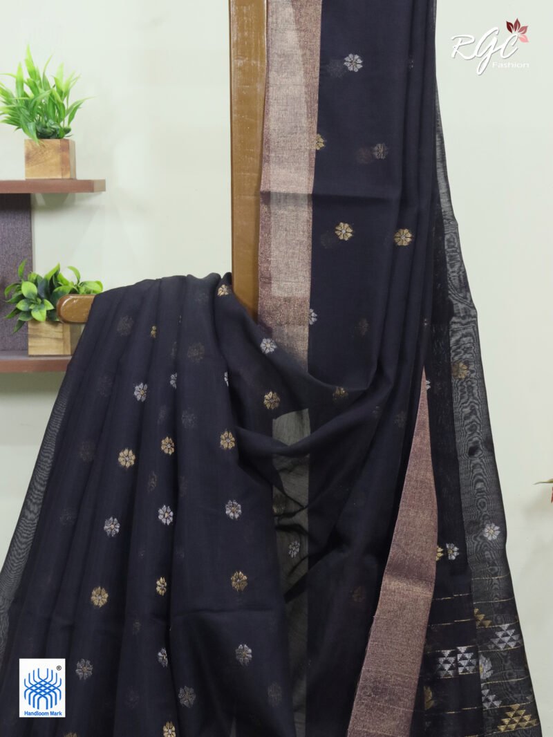 Purple Black Cotton Silk Zari Jamdani Saree - Image 9