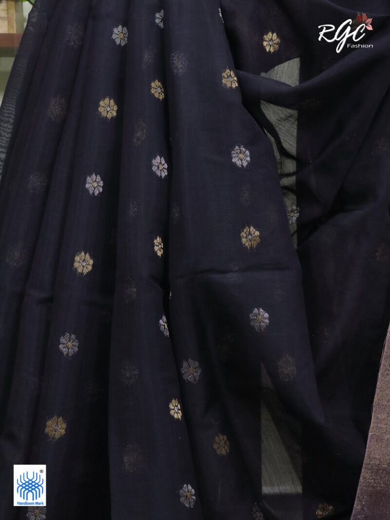 Purple Black Cotton Silk Zari Jamdani Saree - Image 3