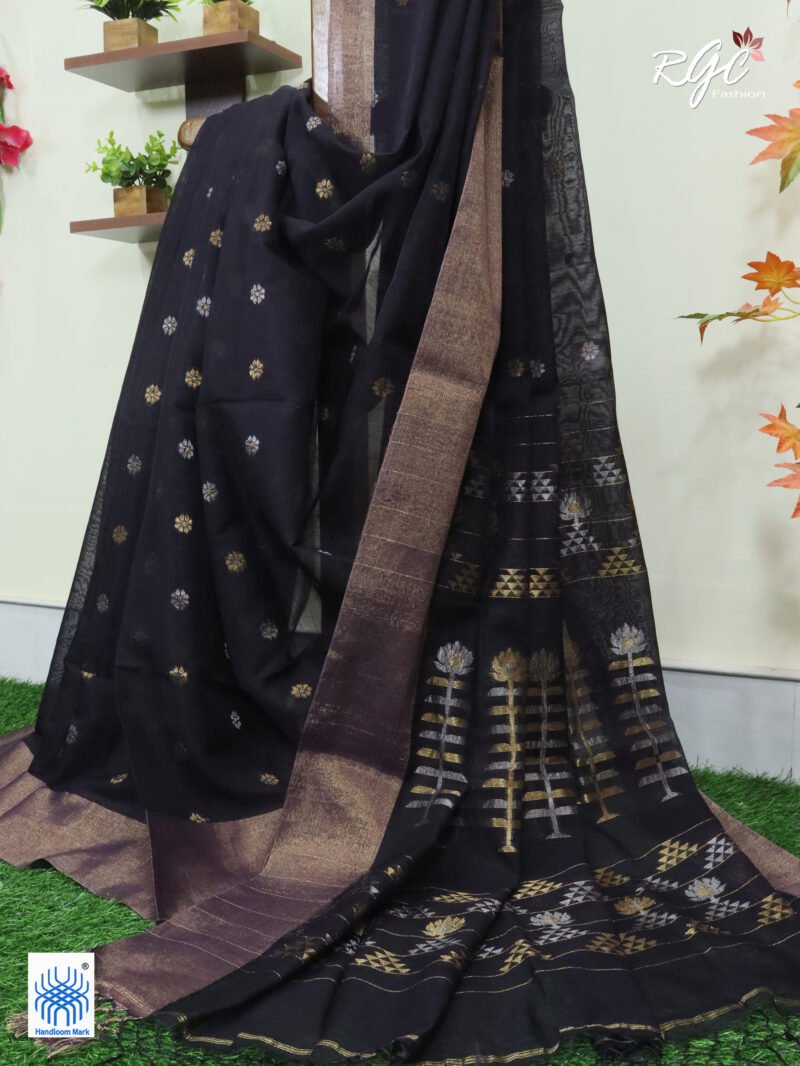 Purple Black Cotton Silk Zari Jamdani Saree - Image 2